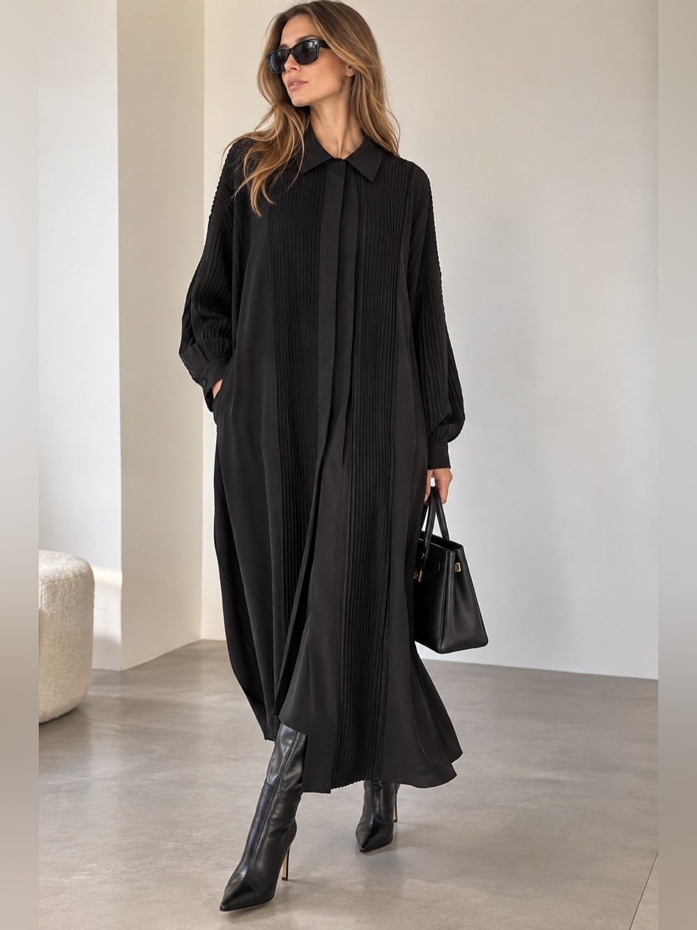 NU Avant-Garde Black Pleated Mixed Media Long Kaftan Dress Size 2